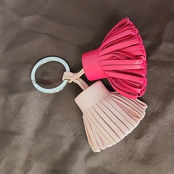 Hermes Double Light Dark Pink Magenta Leather Tassel Silver Key Ring Bag Charm - Picture 1 of 6